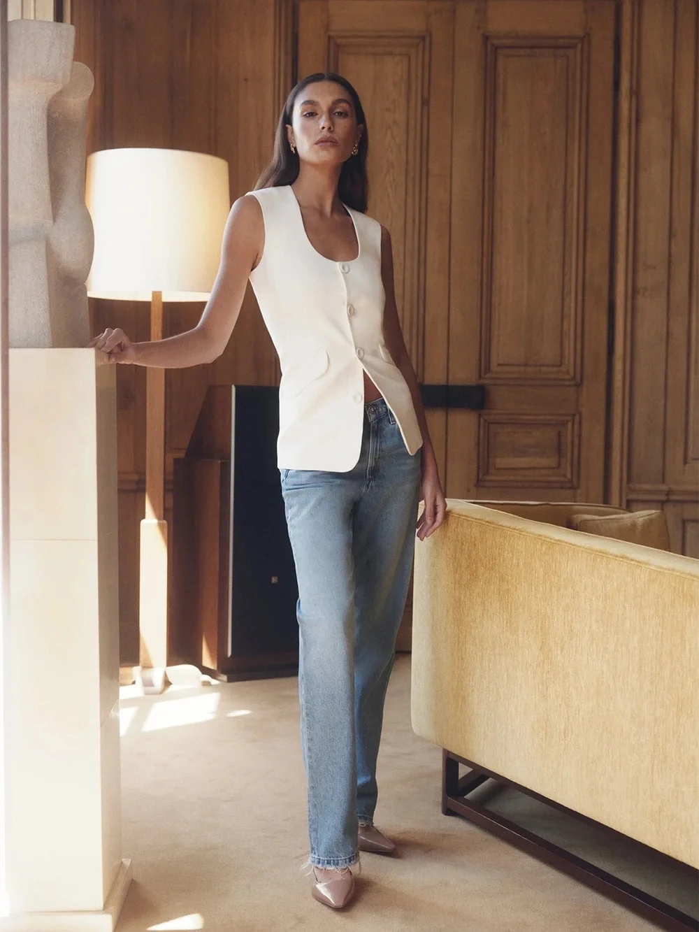 Favorite Daughter Cream Button-Front Sleeveless Vest